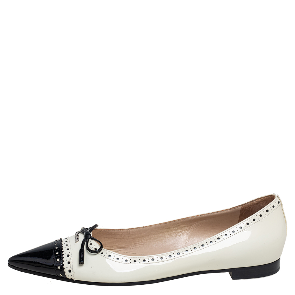

Prada White/Black Patent Leather Bow Pointed Toe Ballet Flats Size