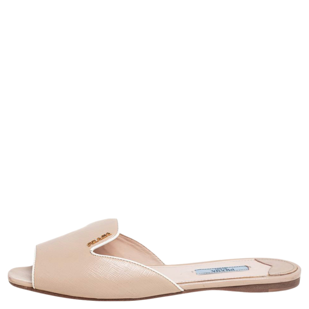 

Prada Beige Patent Saffiano Leather Flat Slides Size