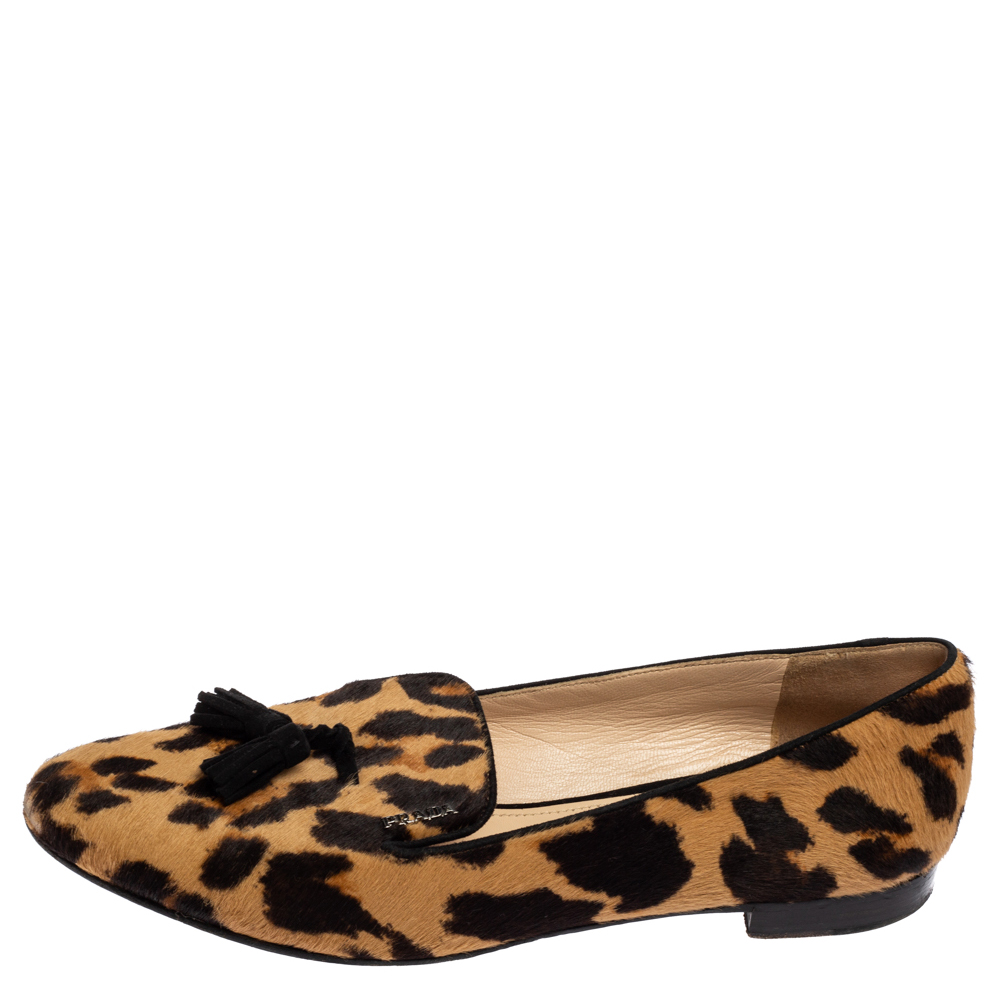 

Prada Brown-Black Leopard Print Calf Hair Smoking Slippers Size