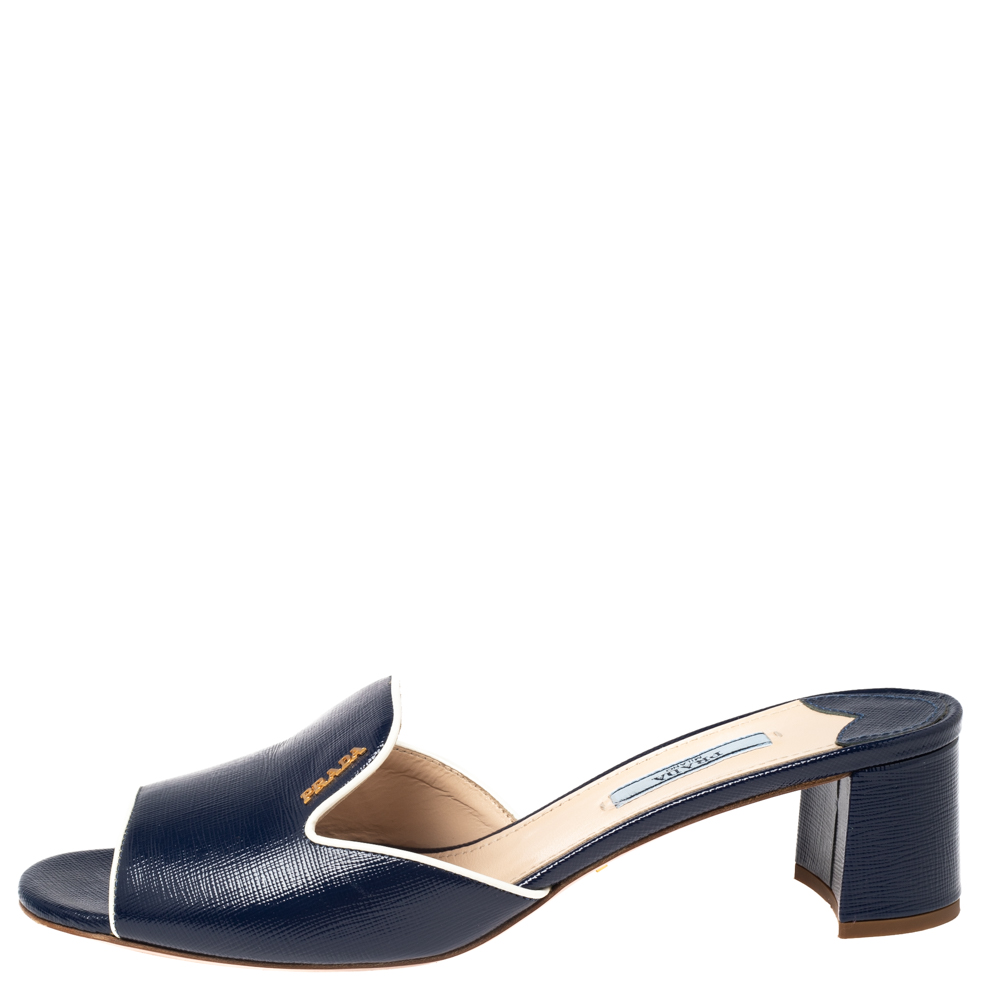 

Prada Navy Blue Patent Saffiano Leather Block Heel Slide Sandals Size