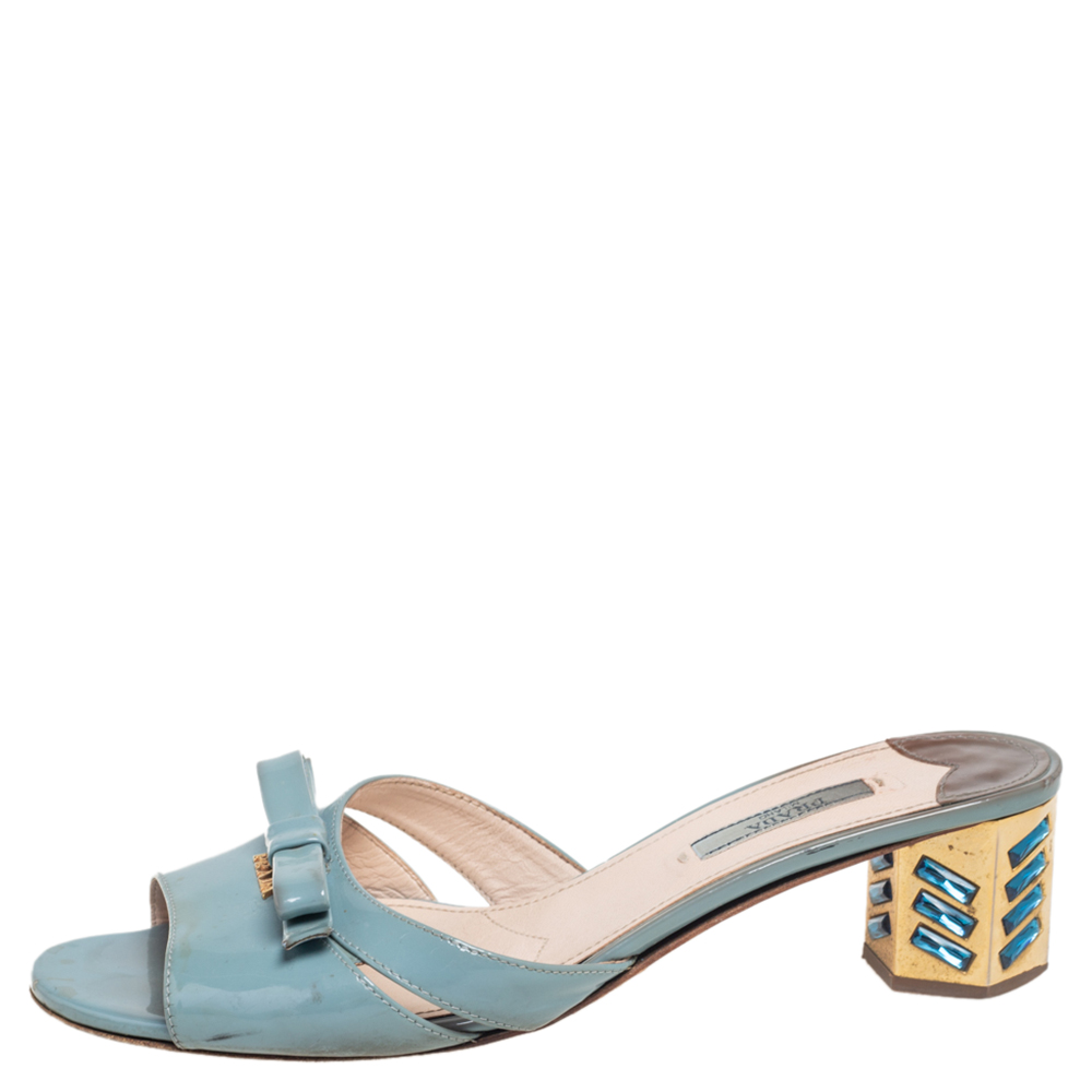 

Prada Blue Patent Leather Bow Crystal Embellished Sandals Size