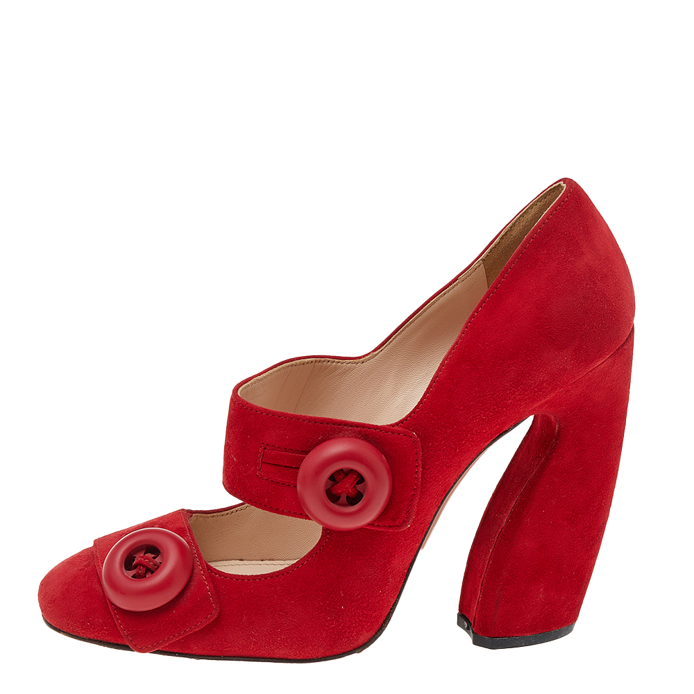 

Prada Red Suede Mary Jane Button Pumps Size