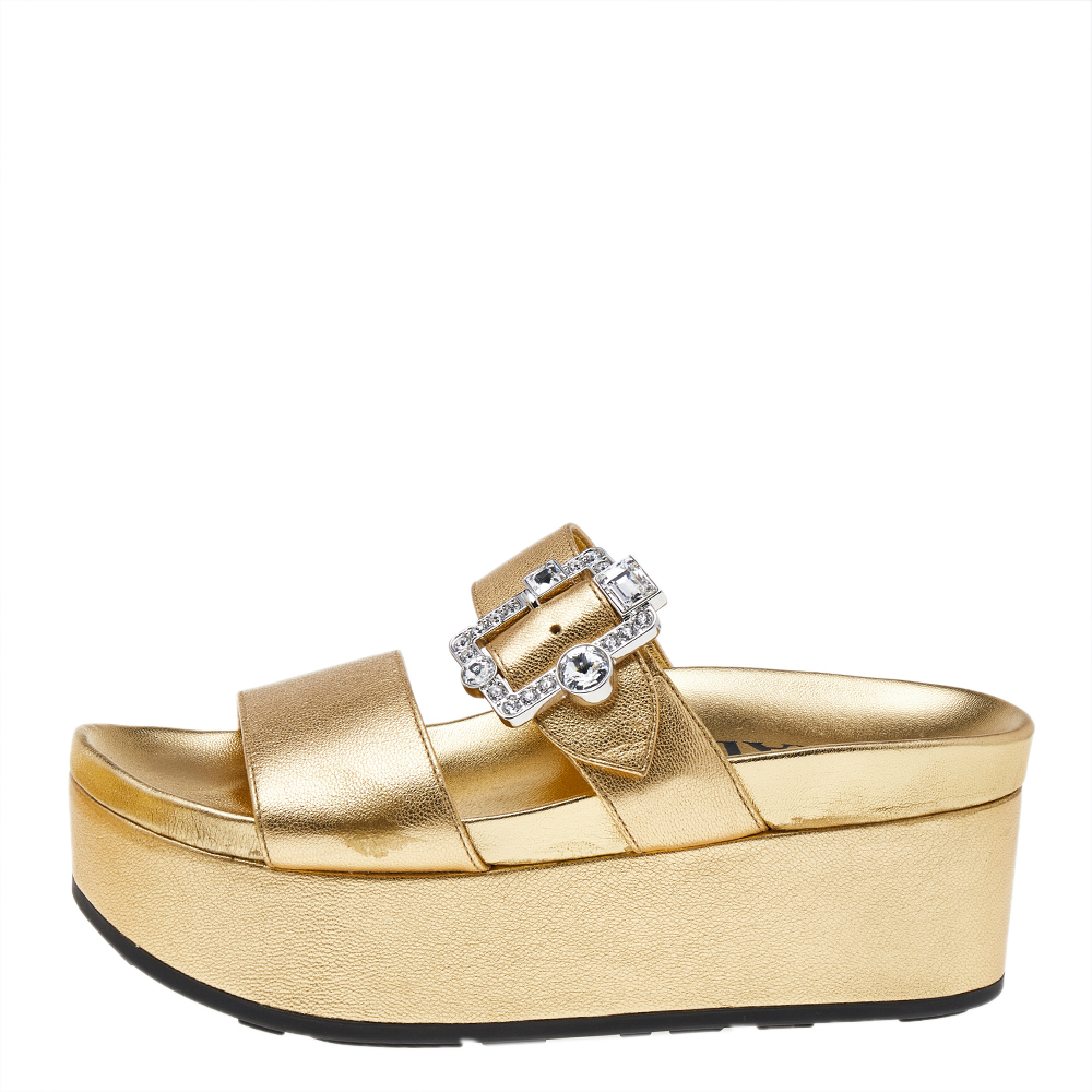 

Prada Gold Leather Slide Sandals Size