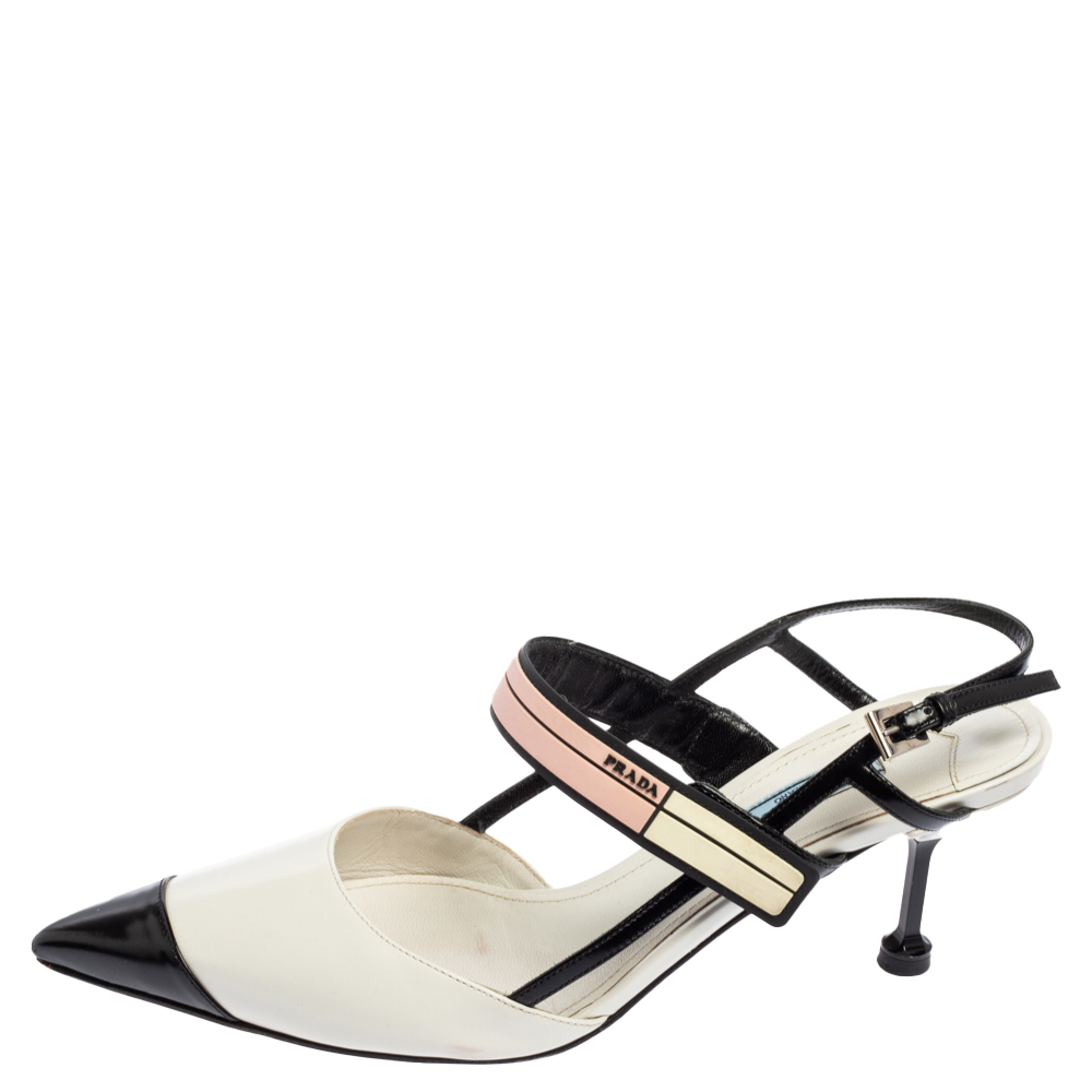 

Prada White Leather and Rubber Trim Pointed Toe Slingback Sandals Size