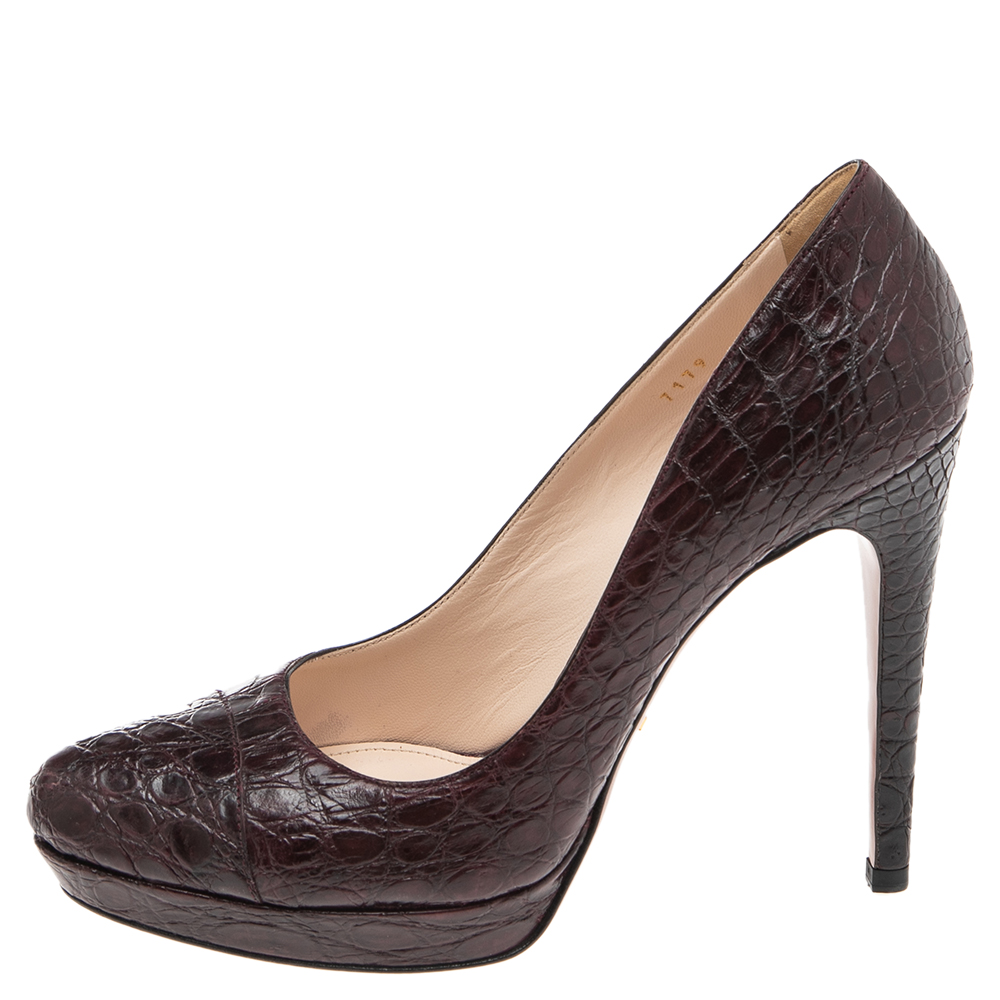 

Prada Burgundy Croc Leather Platform Round Toe Pumps Size