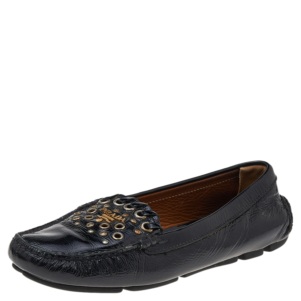 

Prada Black Patent Leather Studded Slip On Loafers Size