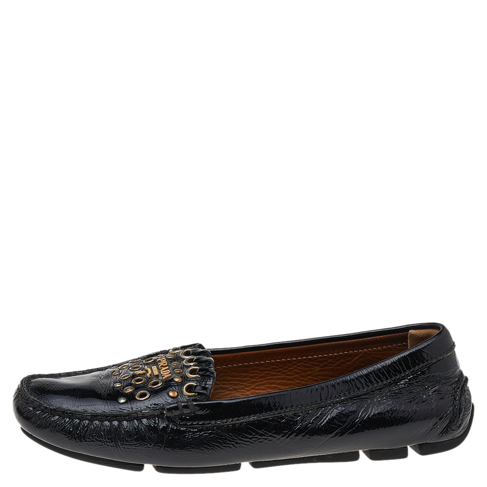 Prada Black Patent Leather Studded Slip On Loafers Size