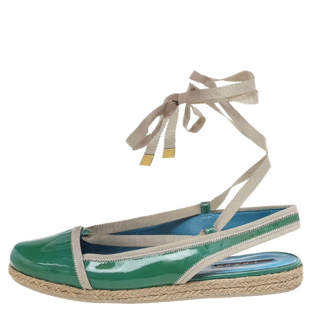 

Prada Green/Cream Patent Leather Ankle Wrap Espadrille Flats Size