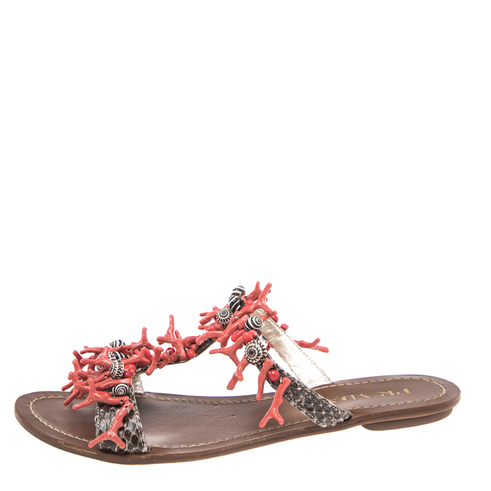 

Prada Multicolor Corals Embellished T Strap Flat Sandals Size