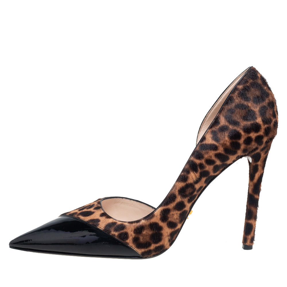 

Prada Brown/Black Leopard Print Calfhair and Patent Leather D'Orsay Pumps Size