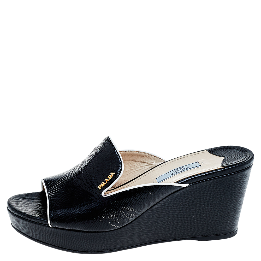 

Prada Black/White Saffiano Patent Leather Wedge Slide Sandal Size