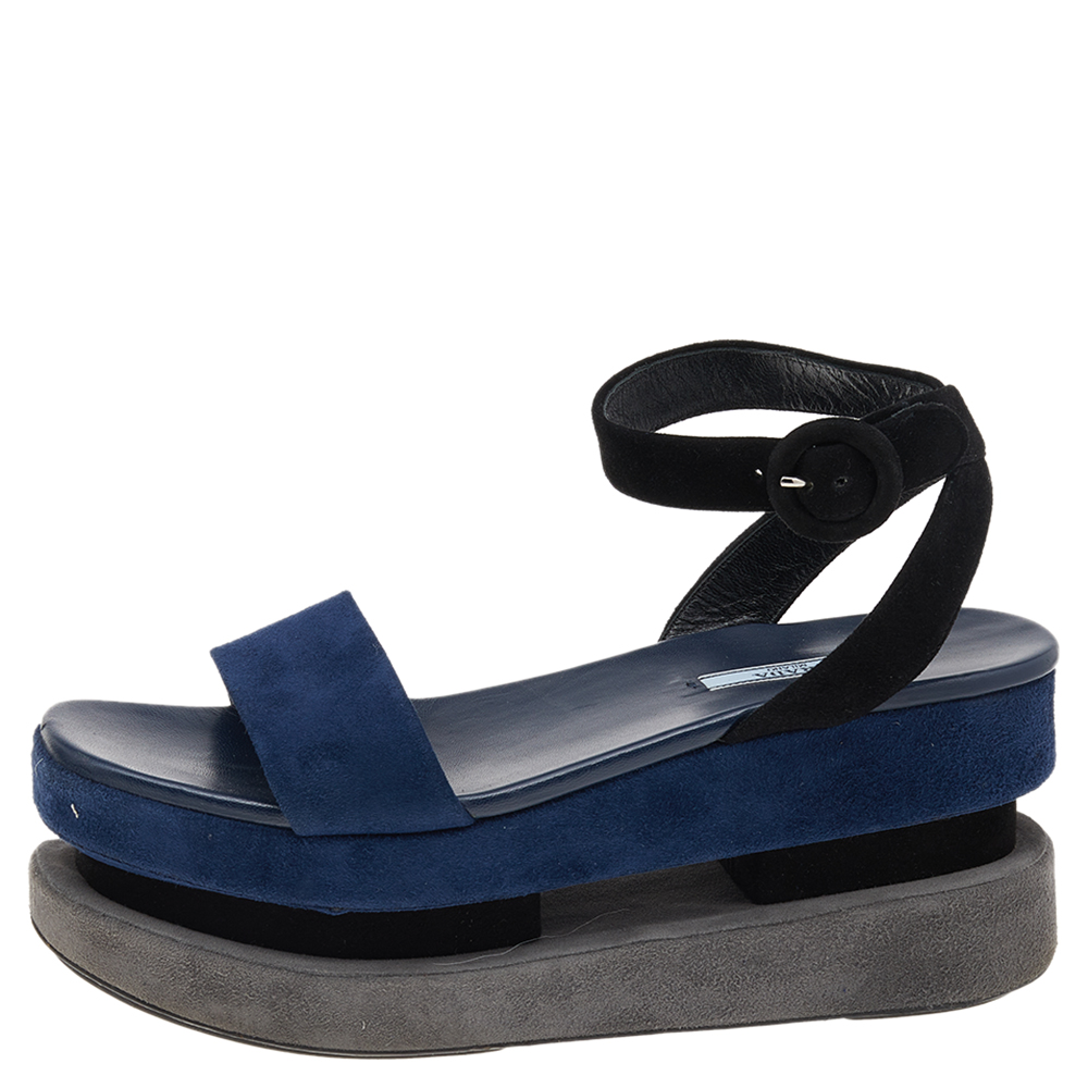 

Prada Blue/Black Suede Merlot And Poppy Platform Ankle Strap Sandals Size