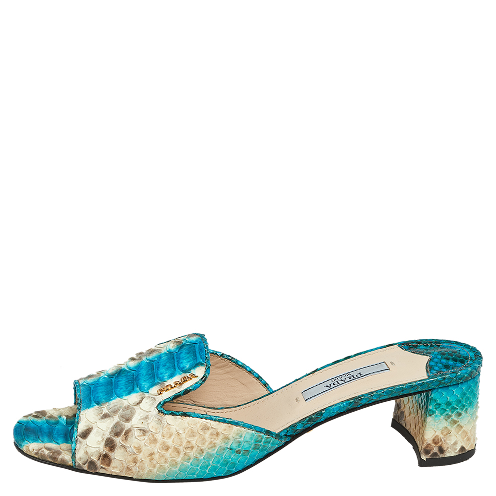 

Prada Blue/Beige Python Leather Block Heel Slide Sandals Size