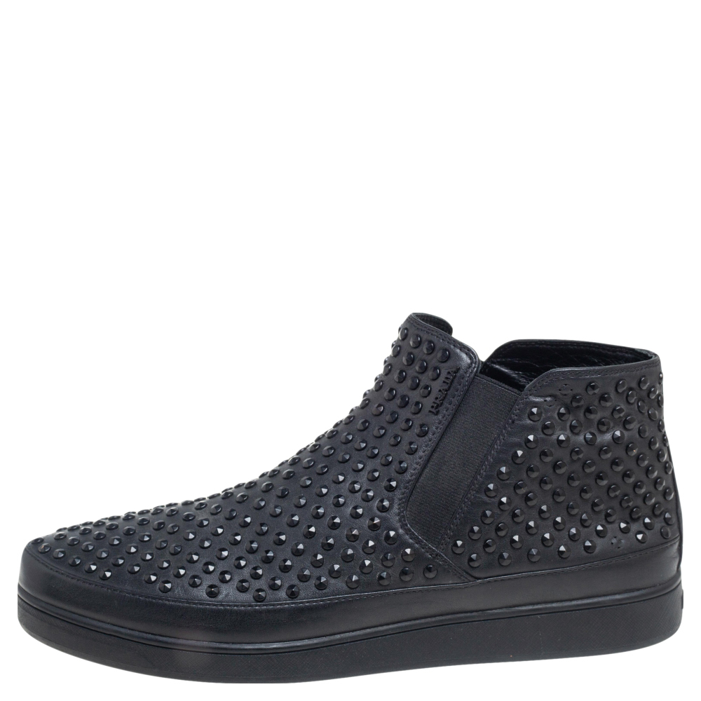 

Prada Sport Black Leather Spikes Embellished Slip-On Sneakers Size