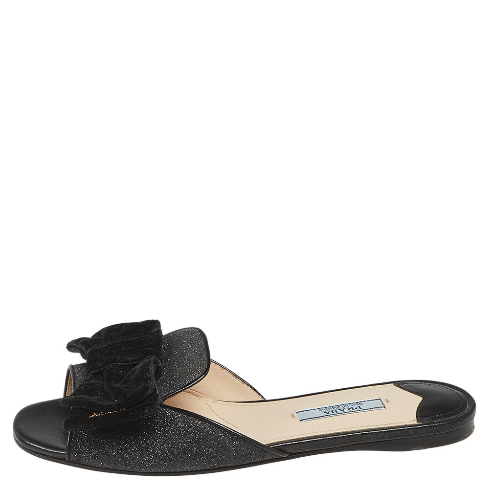 

Prada Metallic Glitter and Velvet Flat Bow Slides Size
