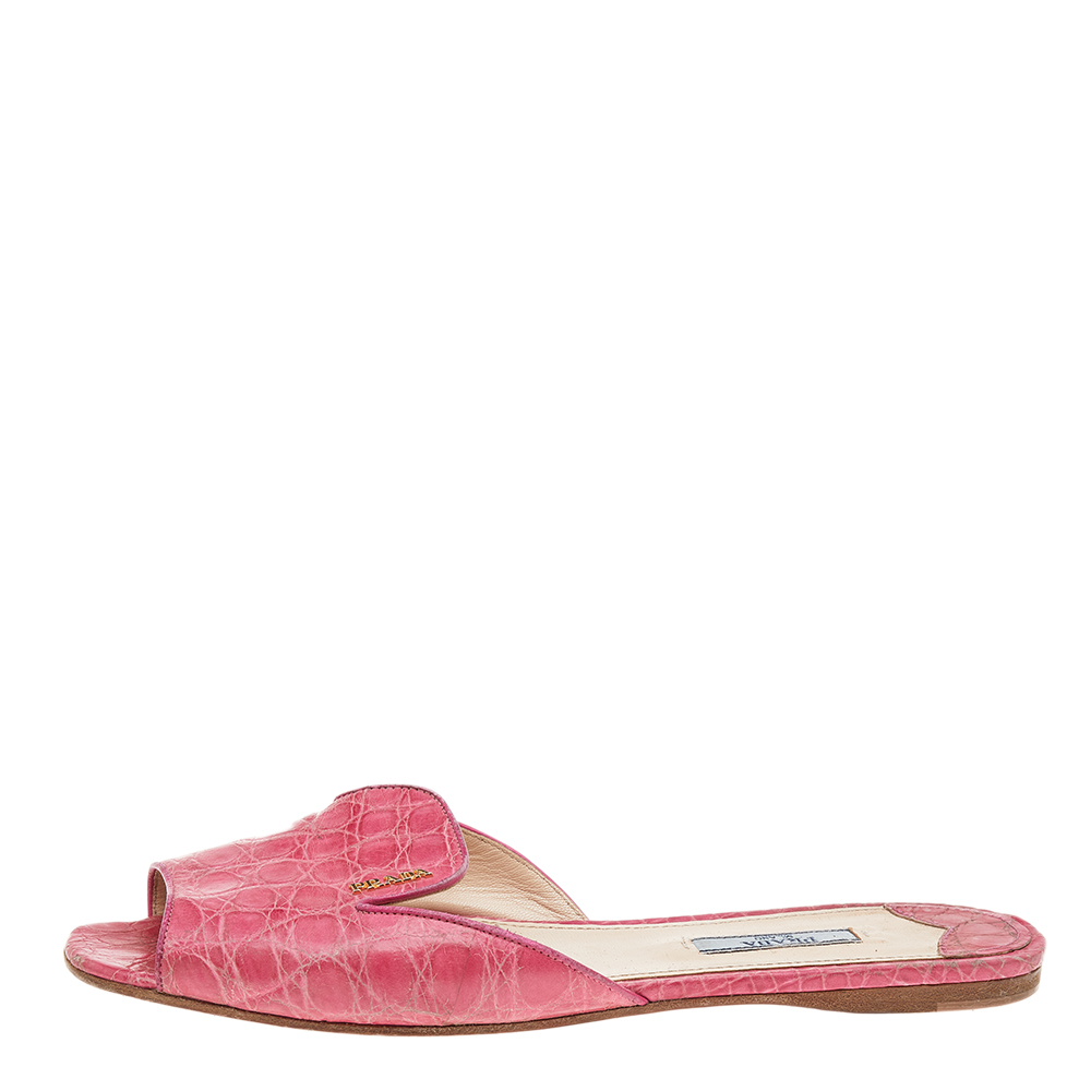 

Prada Pink Croc Embossed Leather Flat Sandals Size