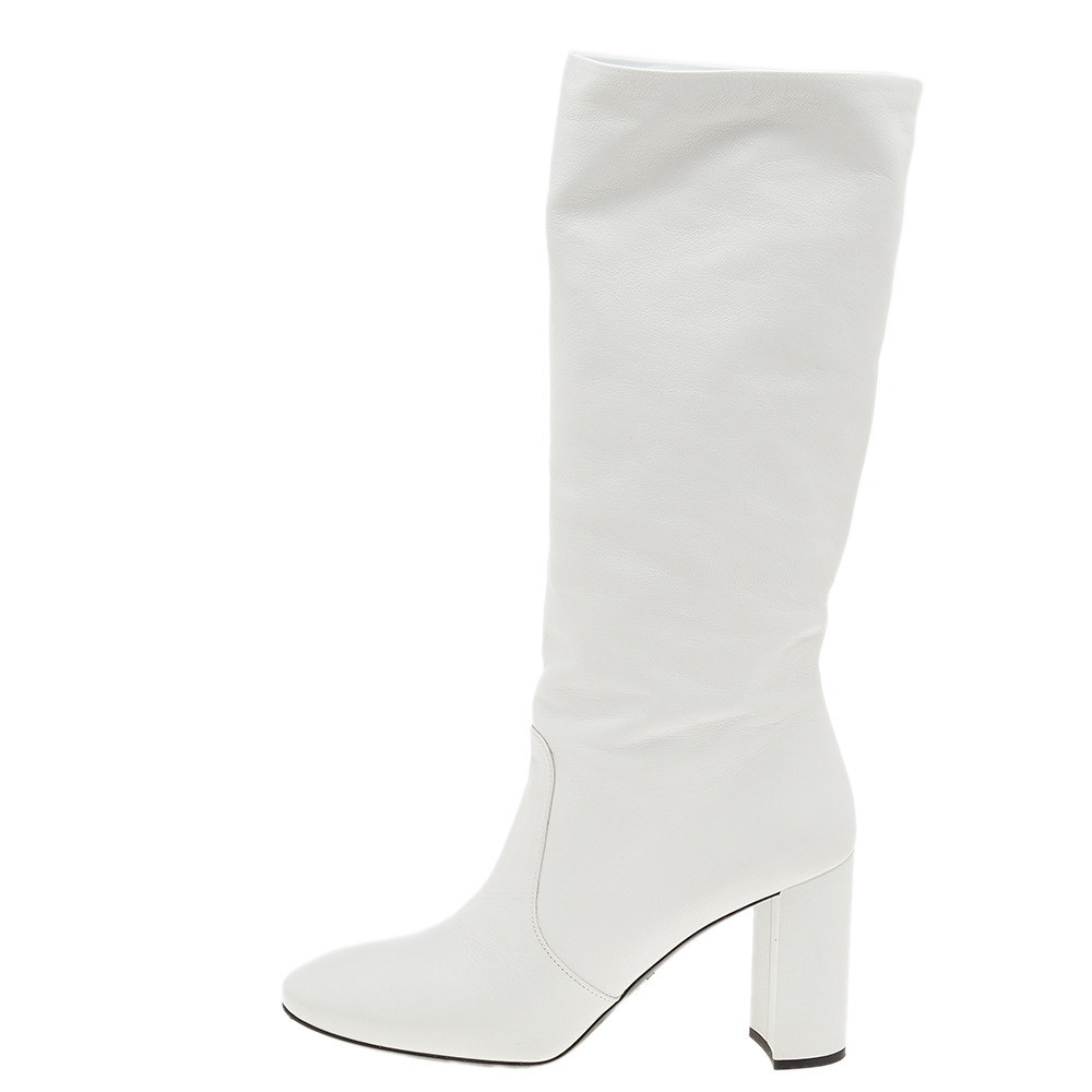 Prada White Leather Block Heel Mid Calf Boots Size