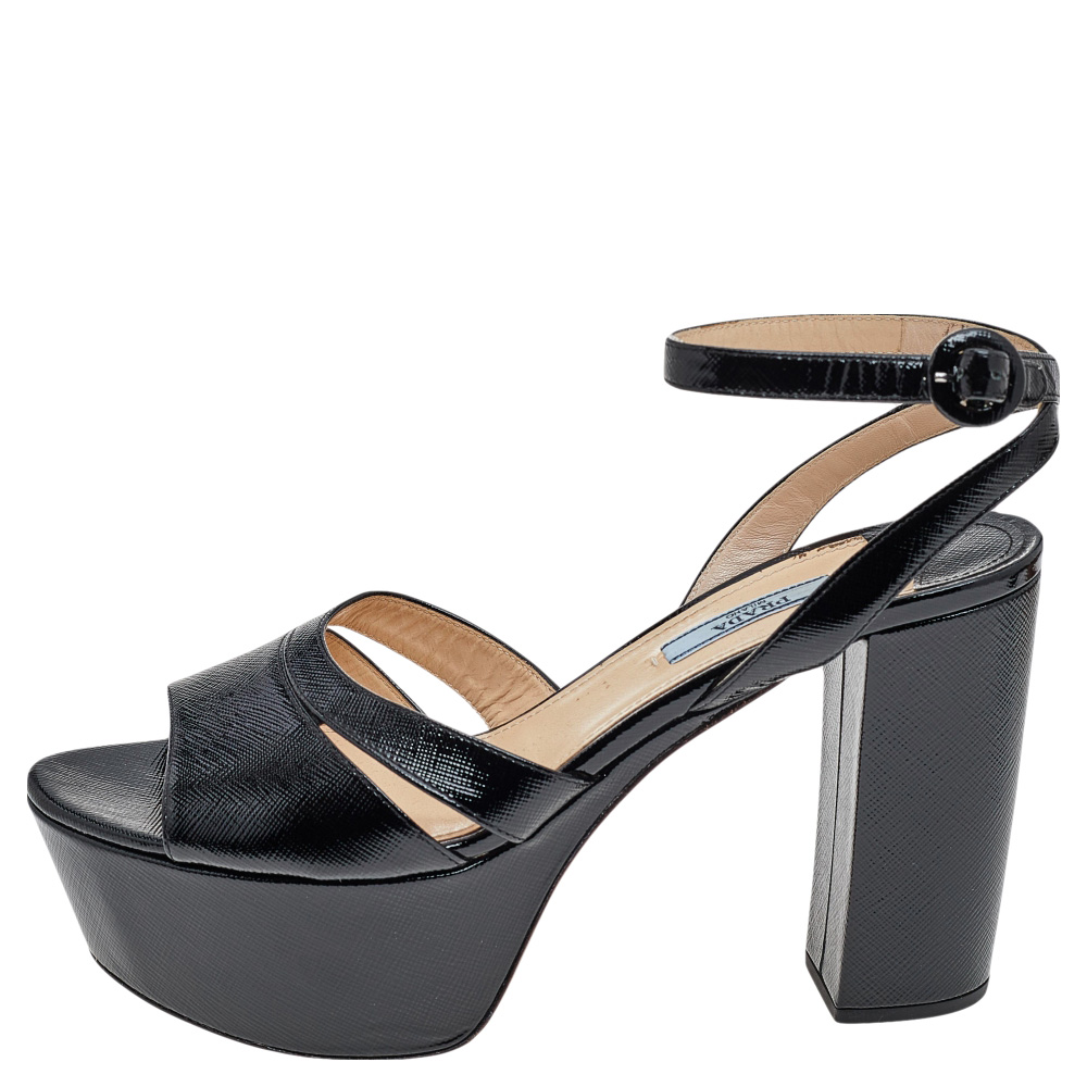 

Prada Black Saffiano Patent Leather Ankle Strap Block Heel Platform Sandals Size