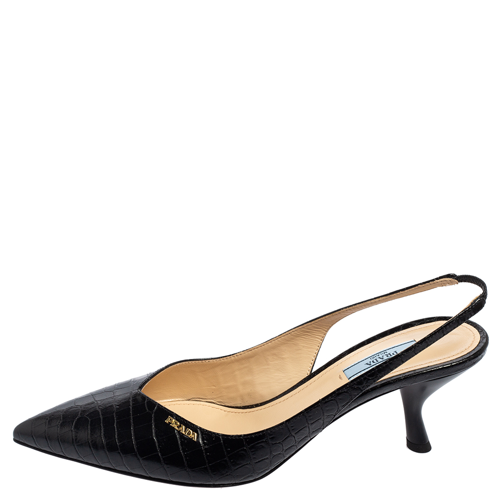 

Prada Black Croc Embossed Leather Slingback Pointed-Toe Pumps Size