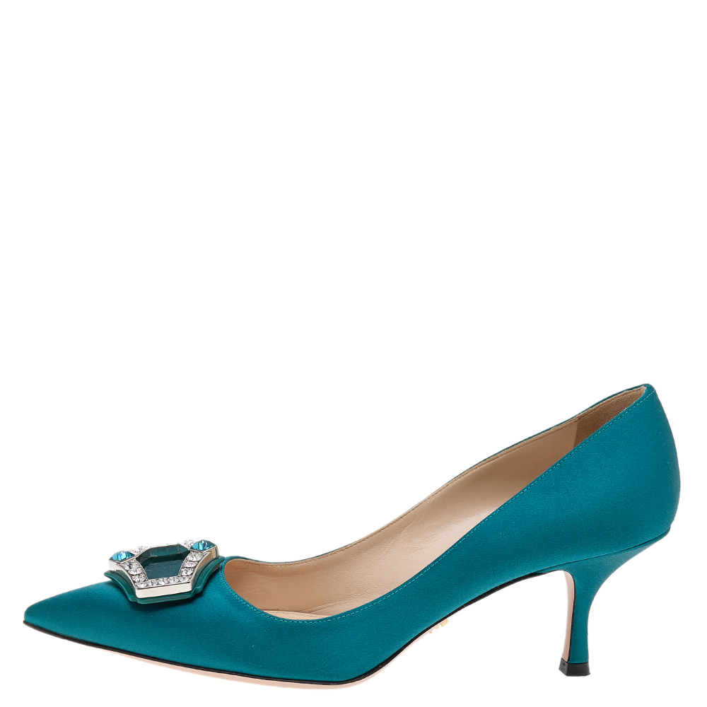

Prada Blue Satin Crystal Embellished Pointed Toe Pumps Size