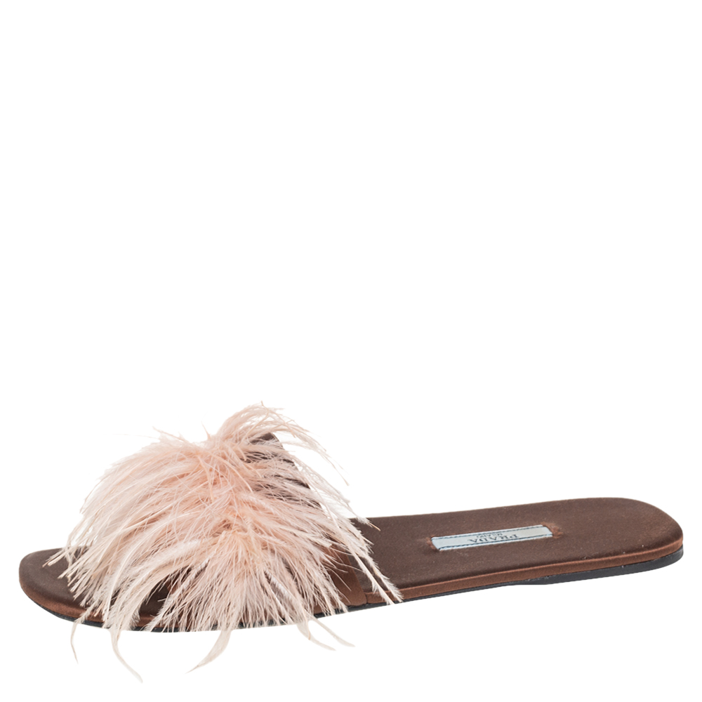 

Prada Brown Satin Ostrich Feather Embellished Flat Sandals Size