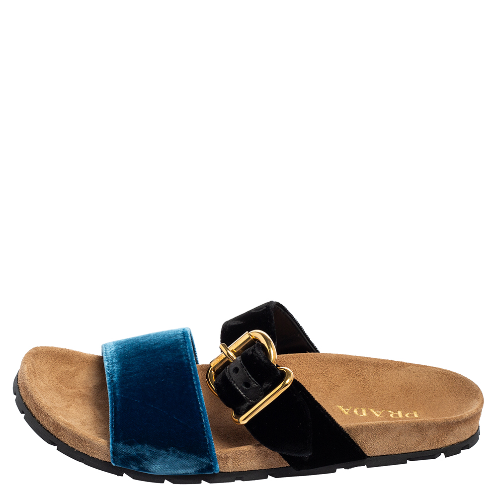

Prada Black/Blue Velvet Slide Flat Sandals Size