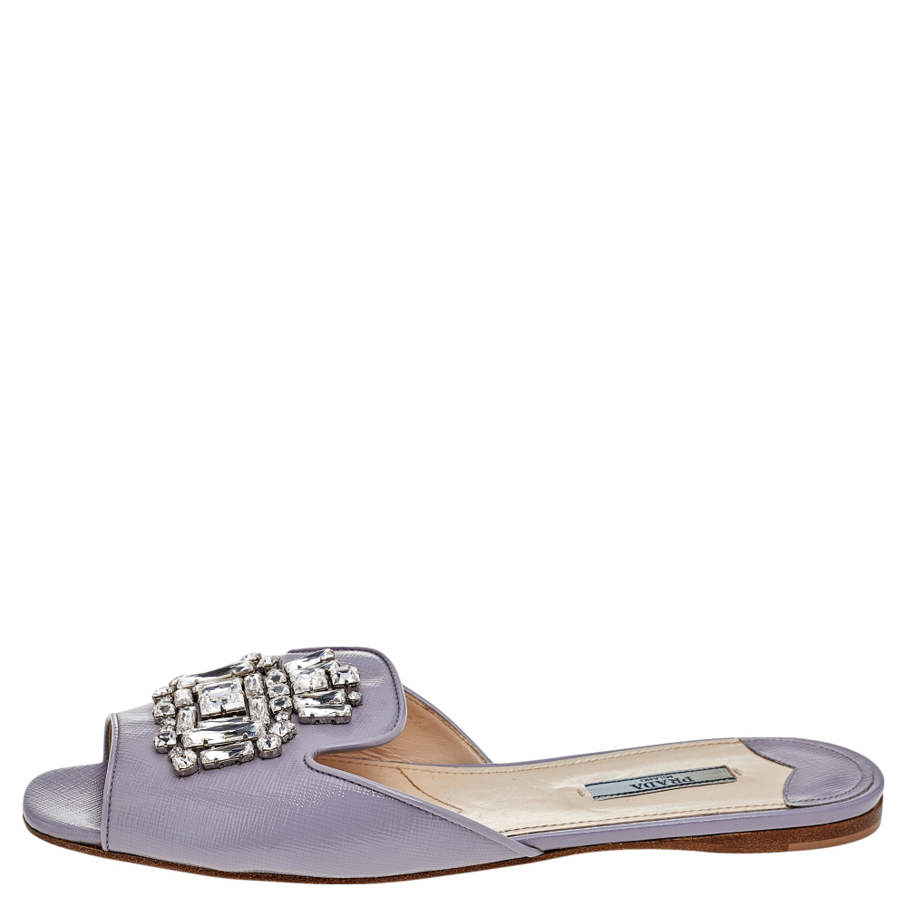 

Prada Lilac Saffiano Patent Leather Crystal Embellished Slide Sandals Size, Purple