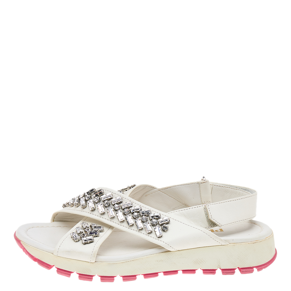 

Prada White Leather Crystal Embellished Slingback Flat Sandals Size