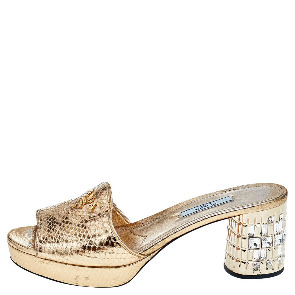 

Prada Metallic Gold Python Embossed Leather Crystal Embellished Block Heel Slide Sandals Size