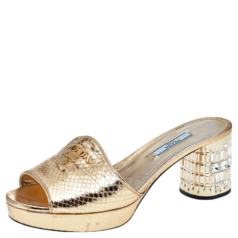 Pre-owned Prada Metallic Gold Python Embossed Leather Crystal Embellished Block Heel Slide Sandals Size 38