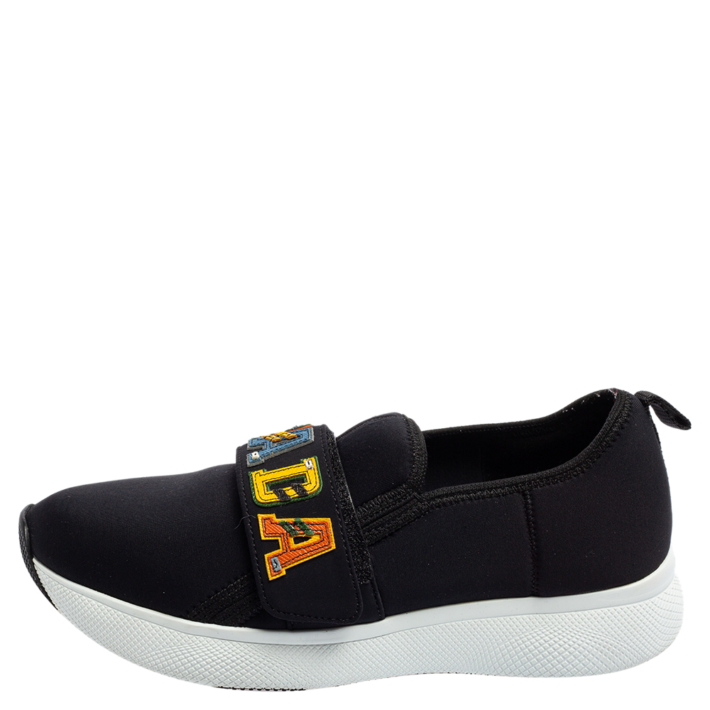 

Prada Navy Blue Neoprene Multicolor Logo Strap Slip-On Sneakers Size