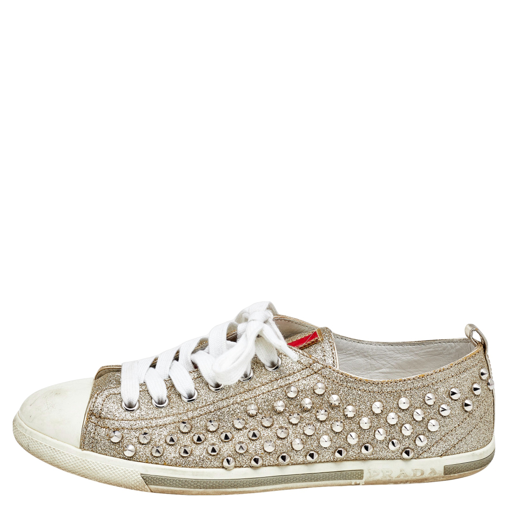 

Prada Gold /White Glitter And Leather Stud Embellished Sneakers Size