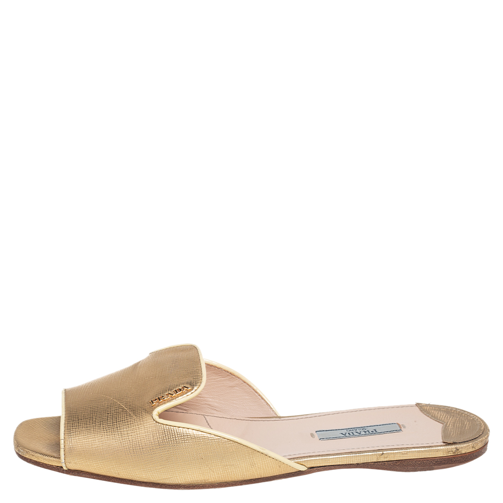 

Prada Gold Patent Saffiano Leather Block Heel Slide Sandals Size