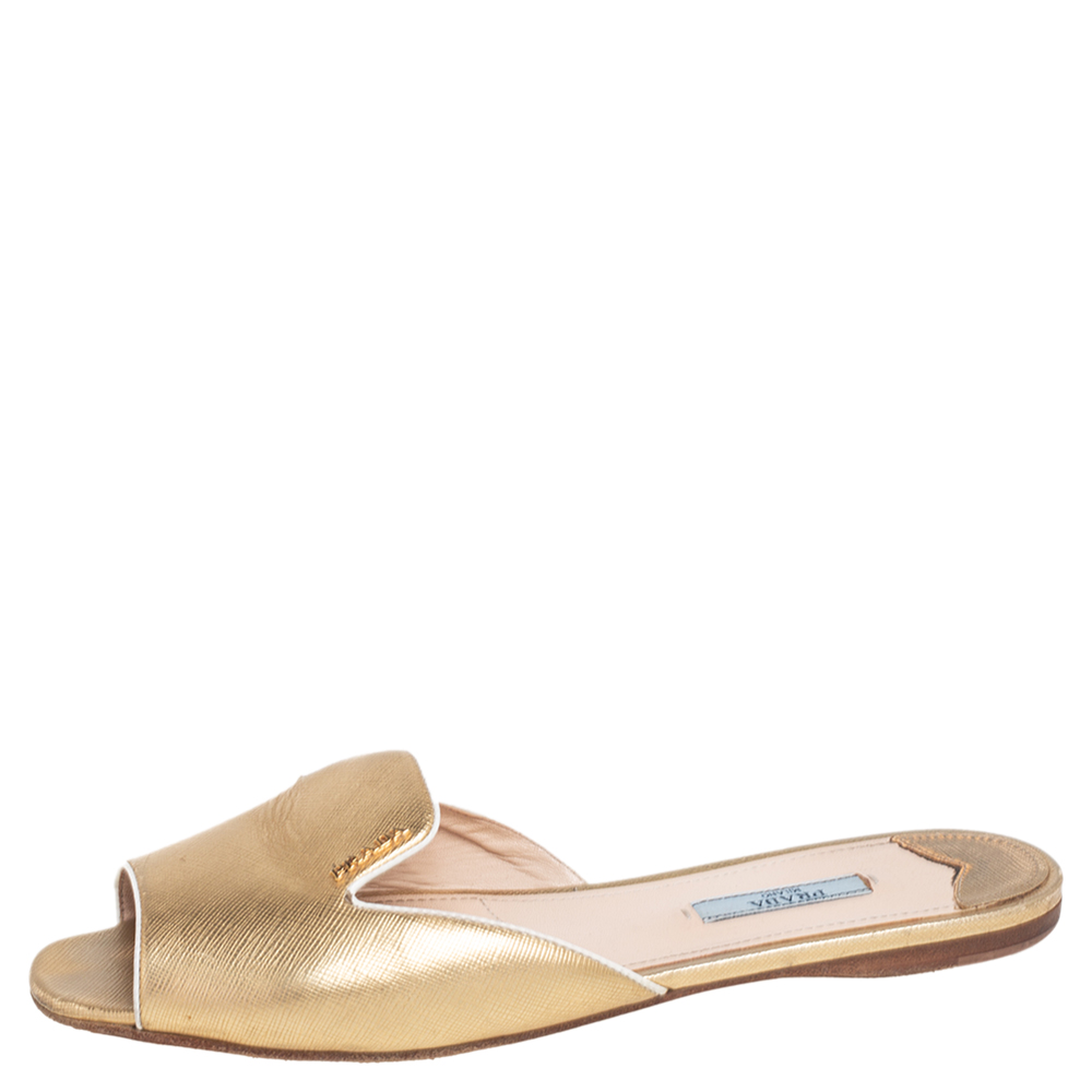 

Prada Gold Saffiano Leather Flat Slides Size