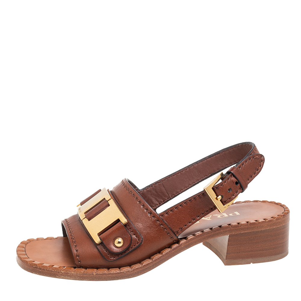 

Prada Brown Leather Chain Front Slingback Sandals Size