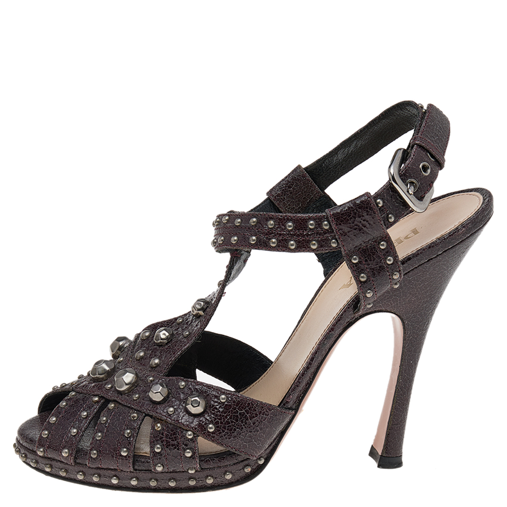 

Prada Dark Brown Leather Studded Ankle Strap Sandals Size