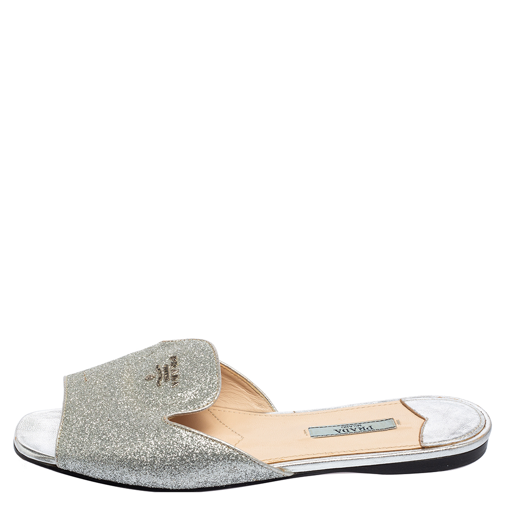 

Prada Metallic Silver Glitter Flat Slides Size, Gold