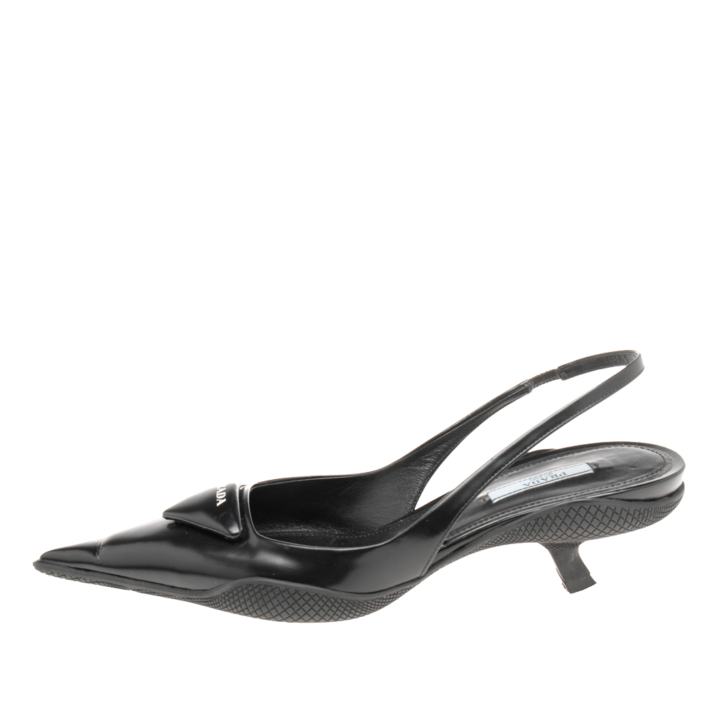 

Prada Black Leather Triangle Logo Slingback Pumps Size