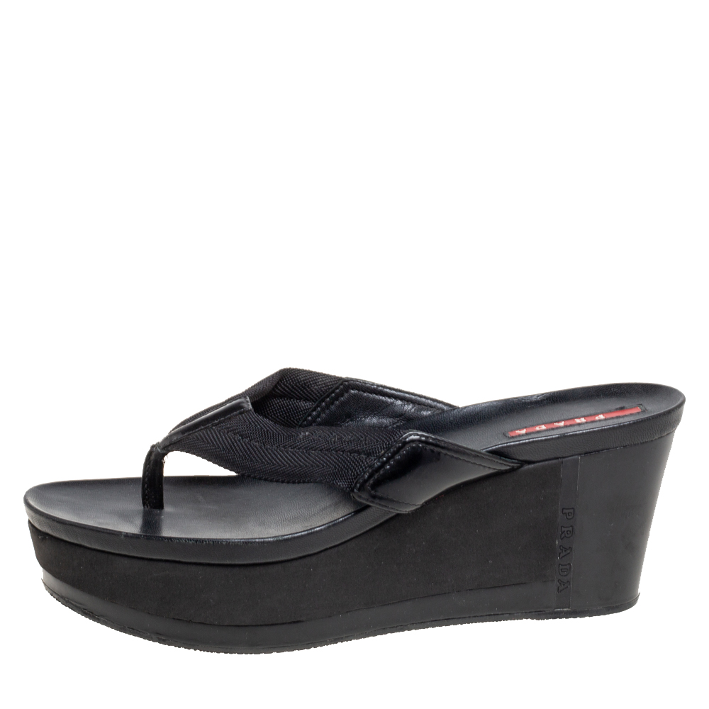 

Prada Black Canvas and Leather Wedge Slides Size