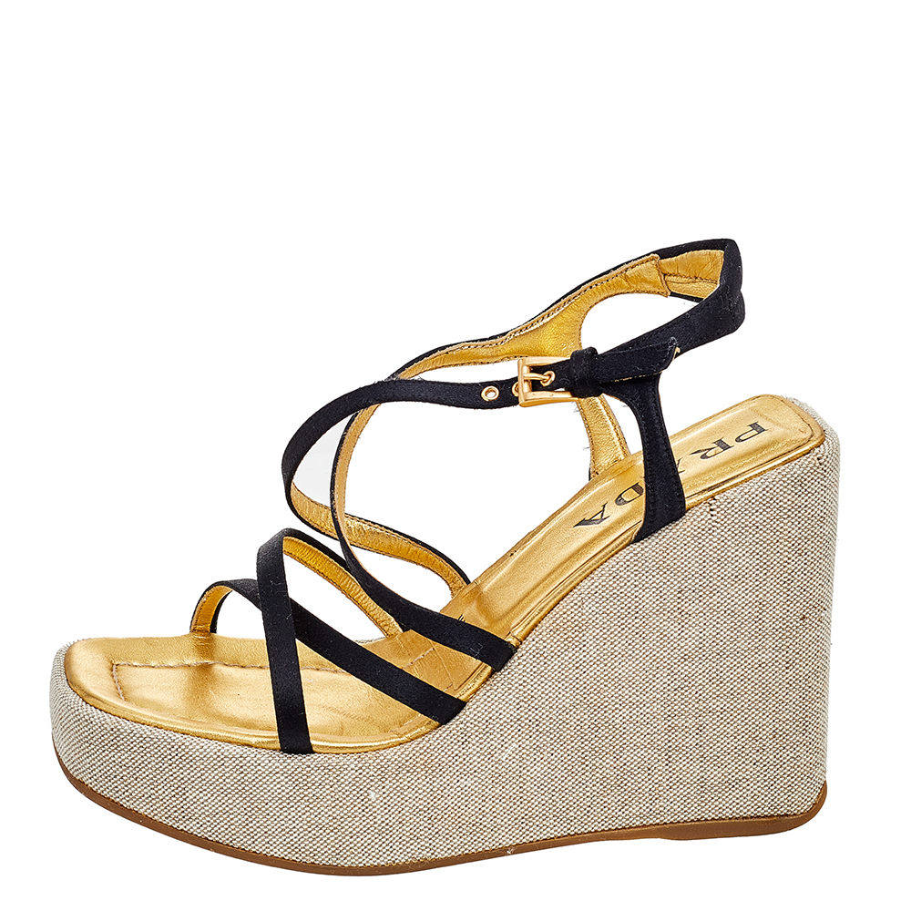 

Prada Black Satin Wedge Platform Ankle Strap Sandals Size