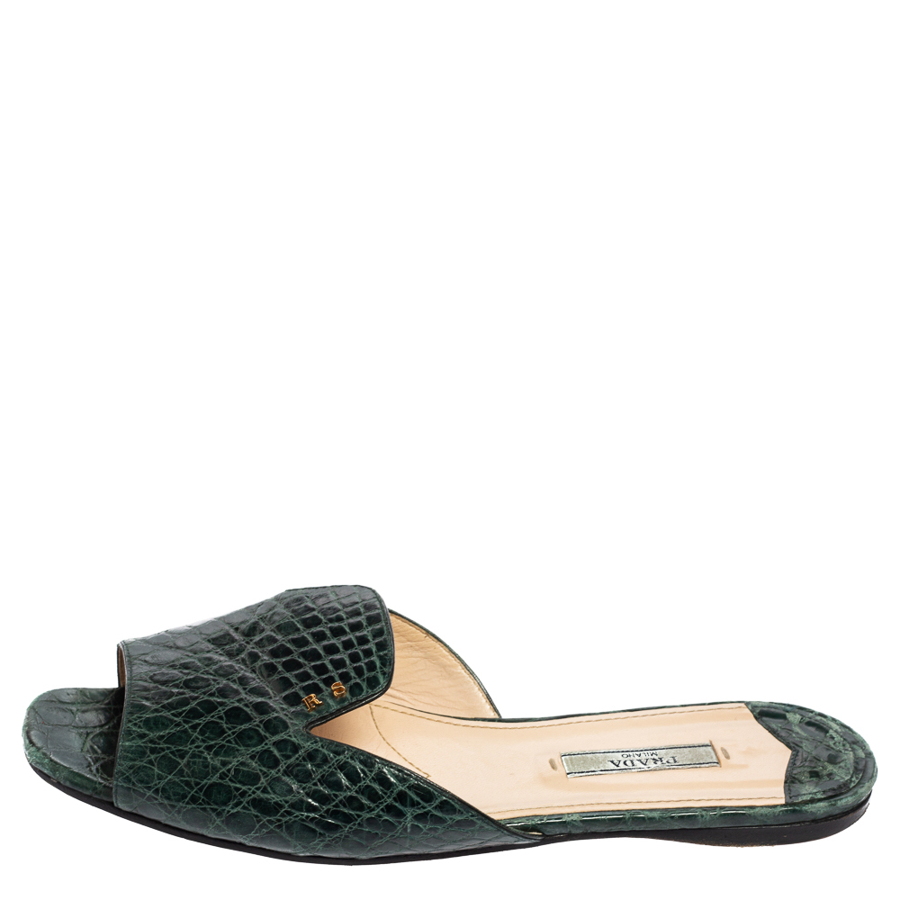 

Prada Bottle Green Croc Embossed Leather Flat Slides Size