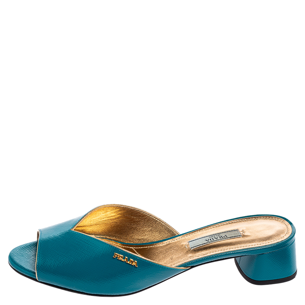 

Prada Teal Blue Vernice Saffiano Leather Block Heel Slide Sandals Size