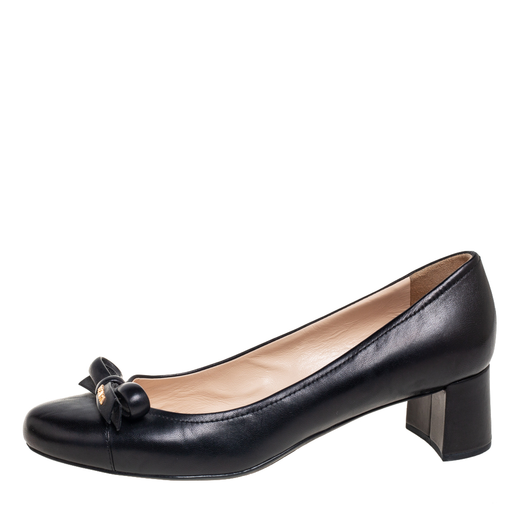 

Prada Black Leather Bow Block Heel Pumps Size