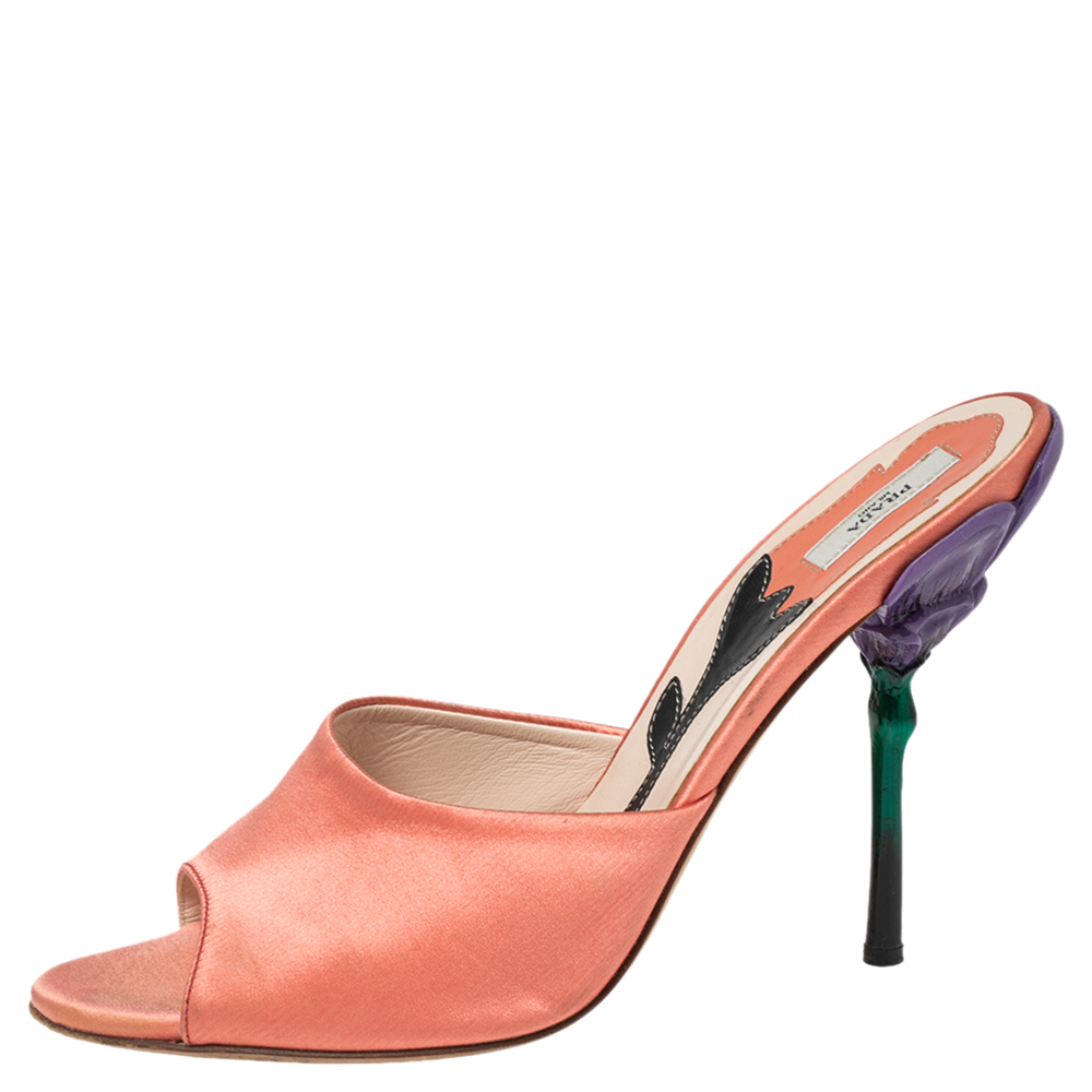 

Prada Peach Pink Satin Flower Heel Slide Sandals Size