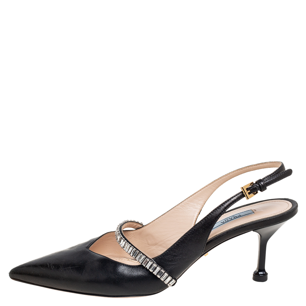 

Prada Black Leather Crystals Embellished Slingback Pumps Size