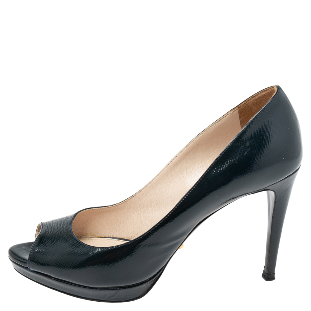 

Prada Navy Blue Patent Leather Peep Toe Pumps Size