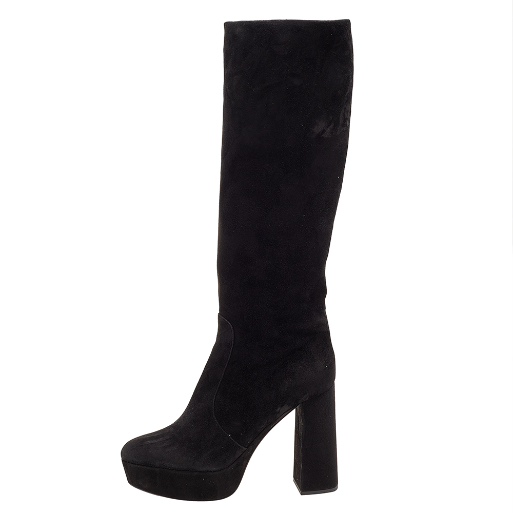 

Prada Black Suede Platform Block Heel Knee Length Boots Size