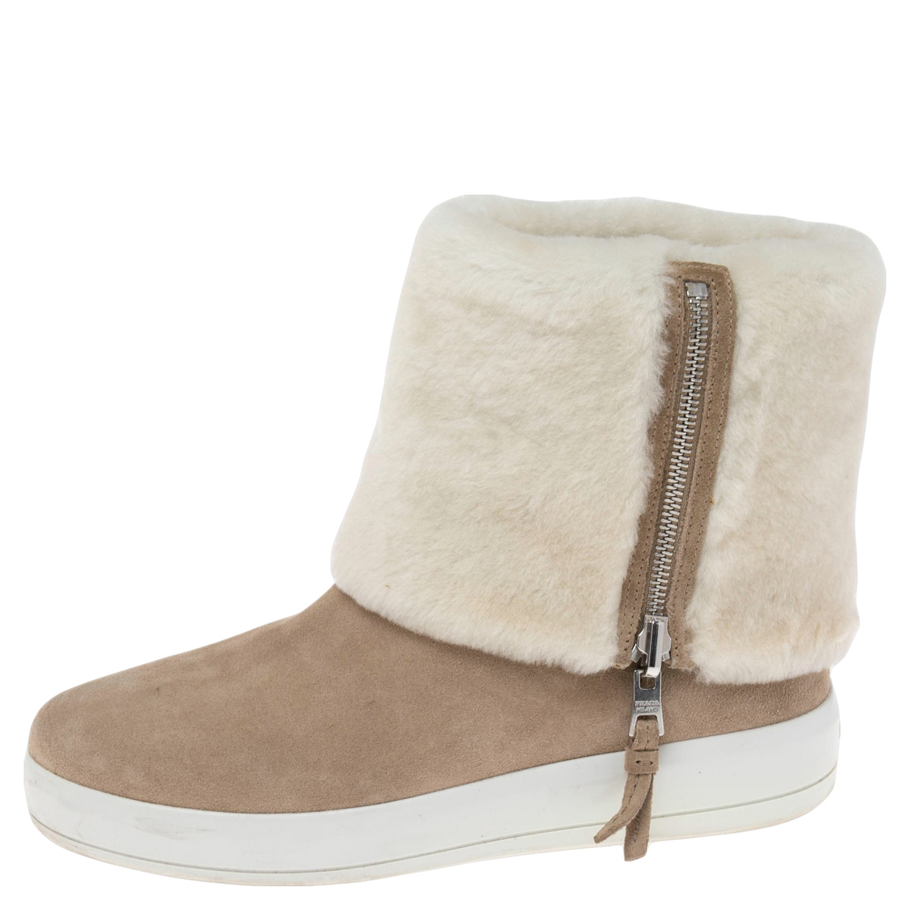 

Prada Beige/White Suede and Shearling Fur Zip Mid Calf Boots Size