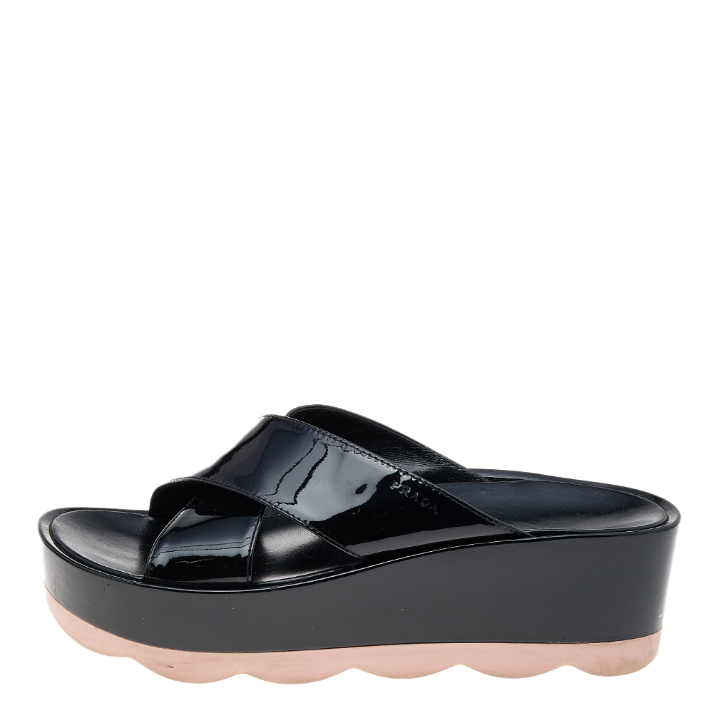 

Prada Black Patent Leather Criss Cross Platform Slide Sandals Size