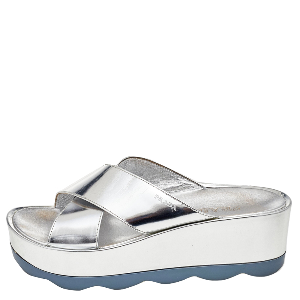 

Prada Silver Patent Leather Criss Cross Platform Slide Sandals Size